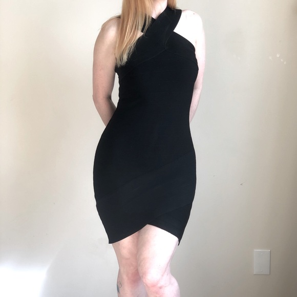 GUESS Black BodyCon Bandage Dress - Crossover Neck- LBD size Medium - Picture 3 of 6
